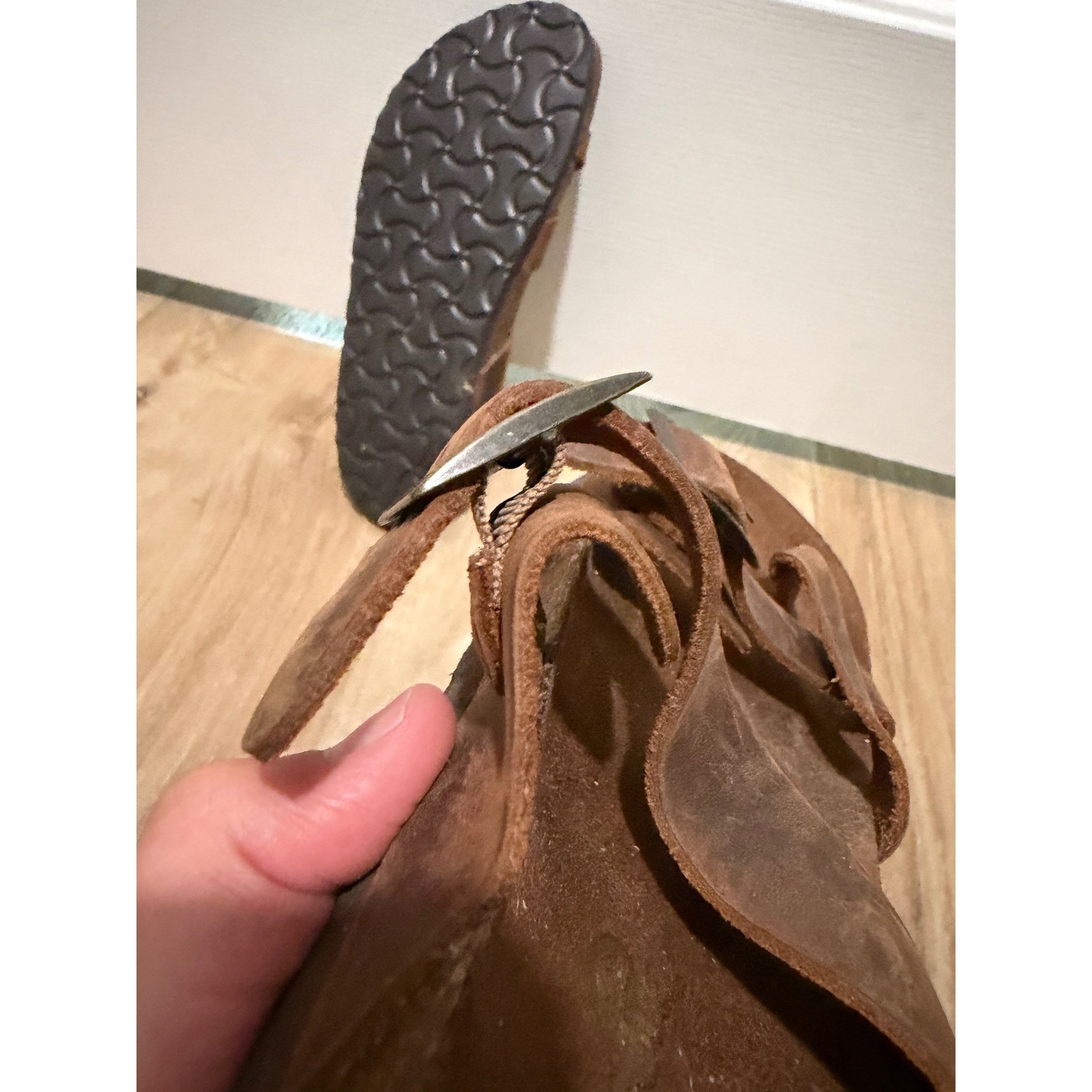 Mountain Sole Brown Leather Slide Sandals Cork Footbed Buckle Straps Boho Womens