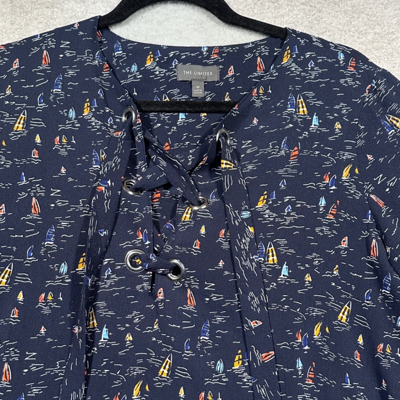 The Limited Sailboat Print Blouse Lace Up 3/4 Sleeve Top Nautical M