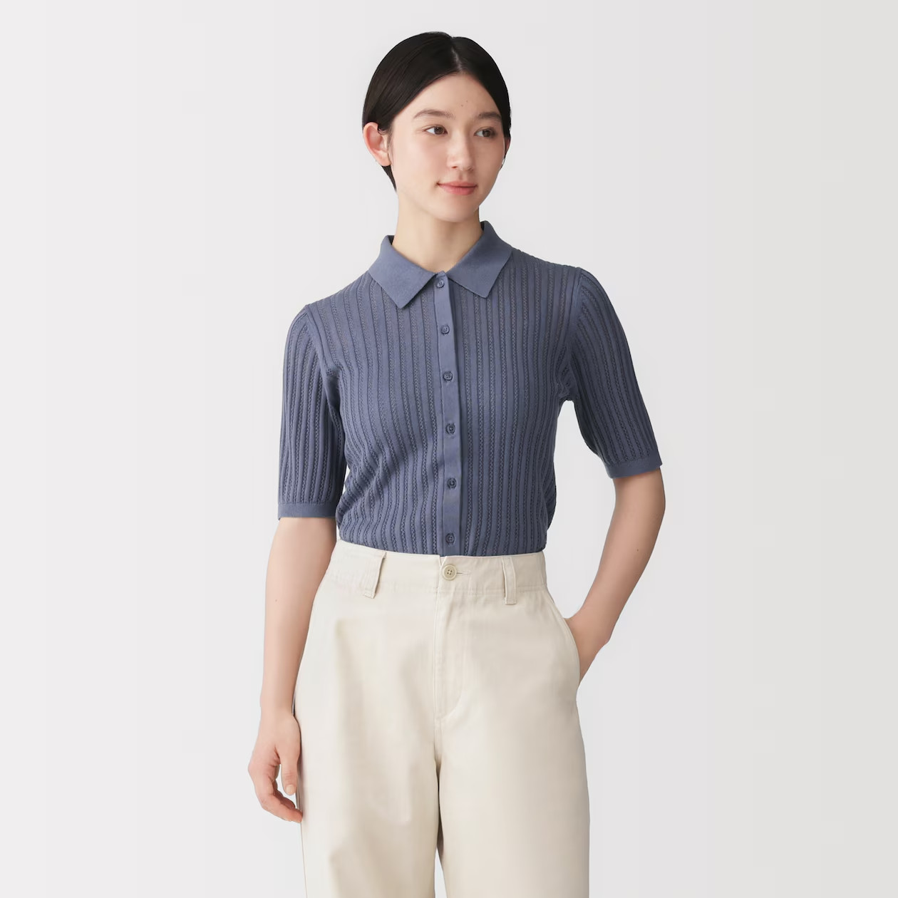 MUJI Smooth Ribbed See-through 1/2 Sleeve Polo Cardigan Smoky Blue FedEx