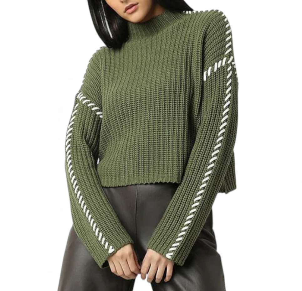 NWT Vero Moda Sweater OLIVE GREEN Cream Stitch Detail FUNNEL NECK CROP Cypress L