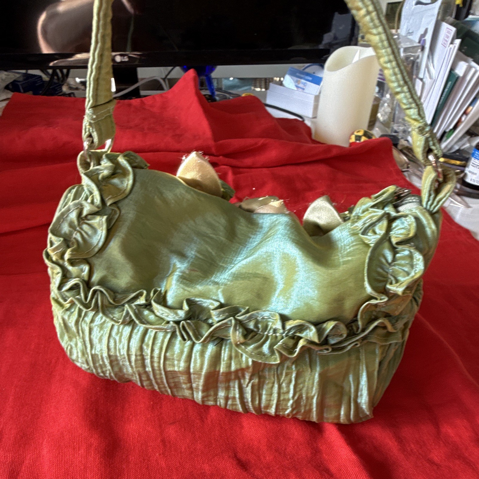Green Ruffle Bow Beaded Floral Shoulder Bag Silver Hardware Zip Magnetic Lined