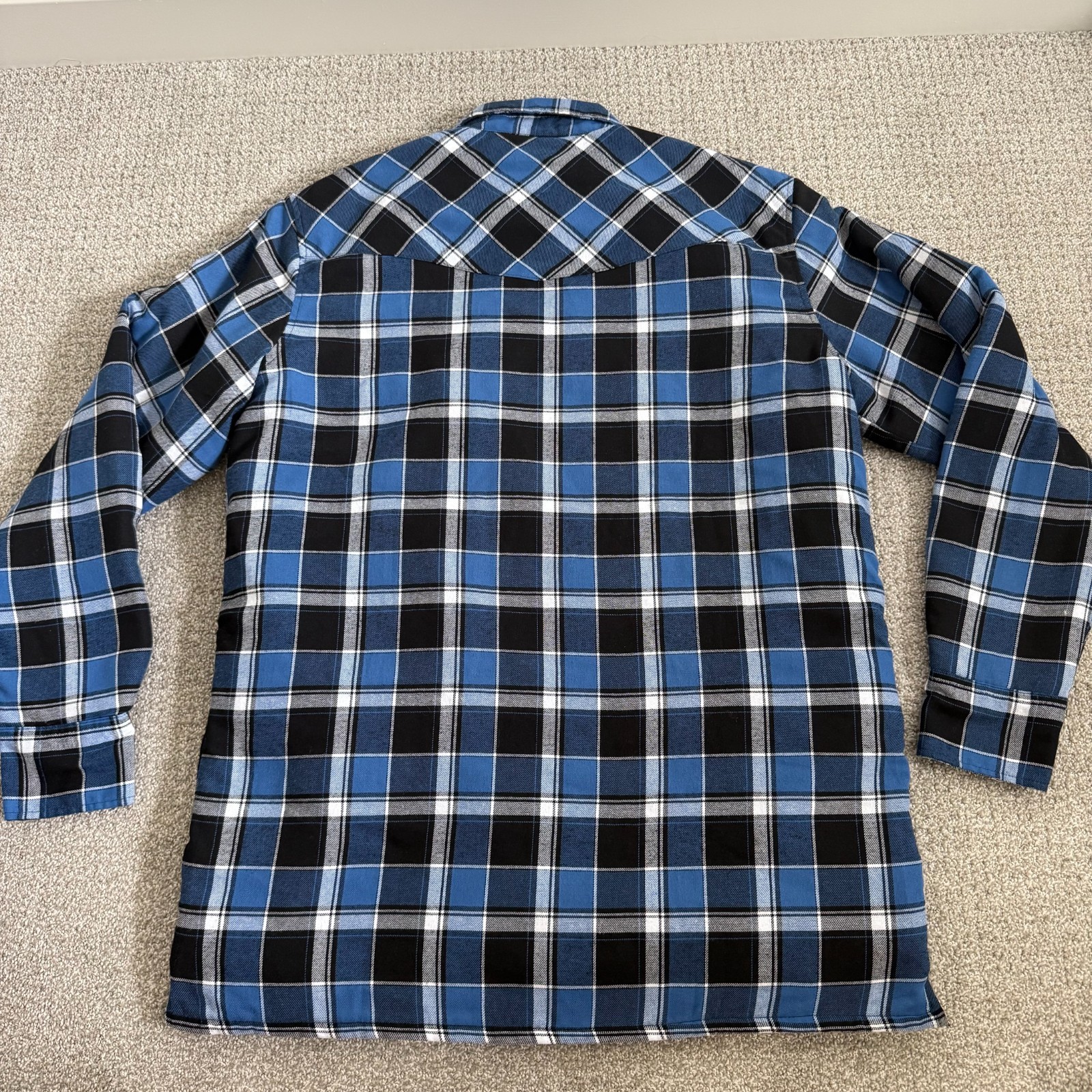 Wrangler Quilted Lined Flannel Shirt Jacket Western Pearl Snap Blue Plaid XLT