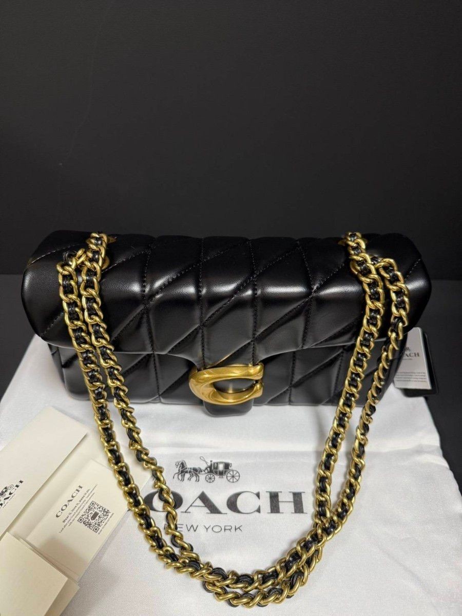 COACH CP150 Tabby Bag Leather with Chain Strap, Black, Zip Inner Snap Pockets