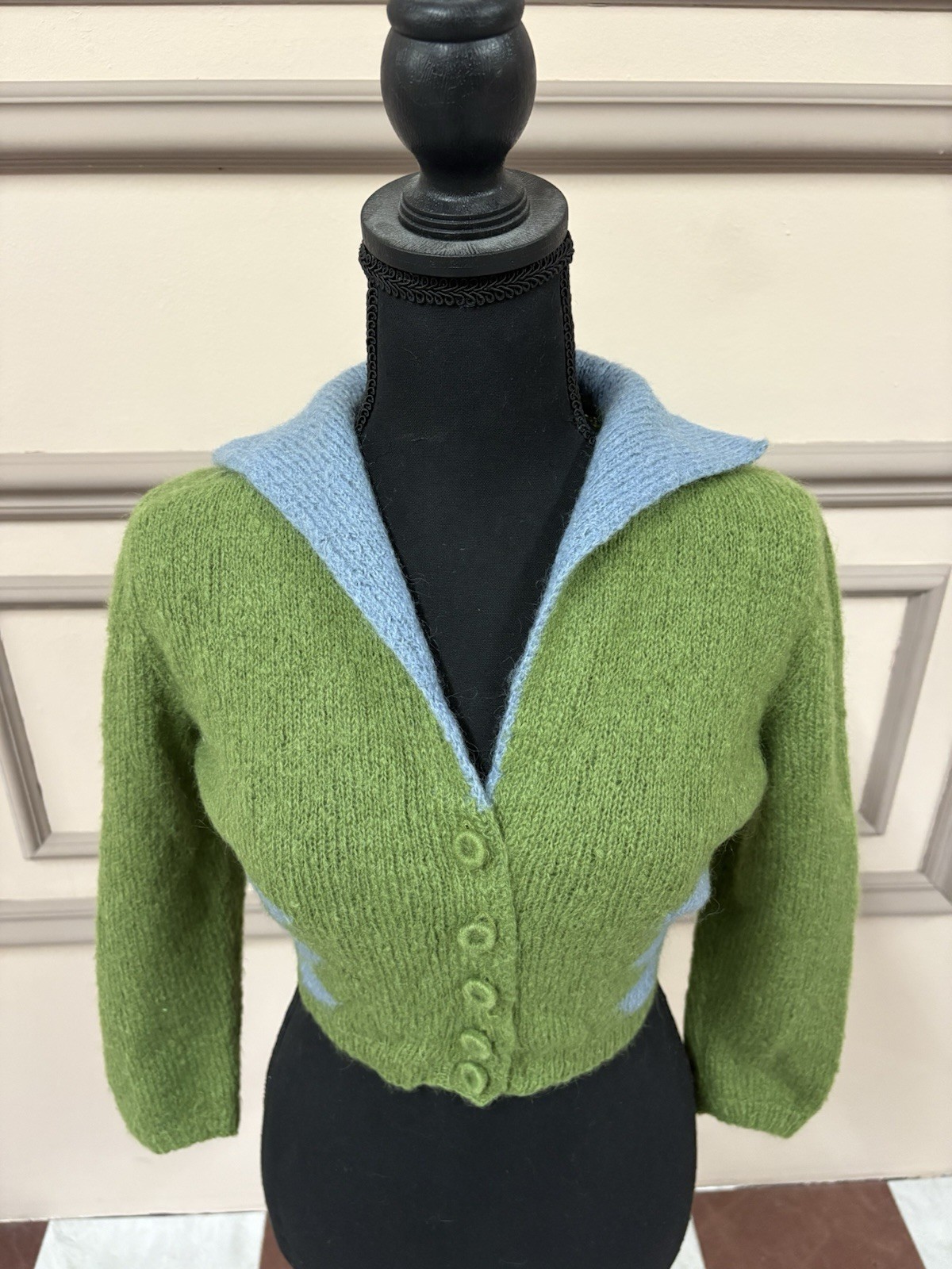 Vintage 50s 60s Bonnie Morse Wool Knit Argyle Cropped Collared Cardigan XS