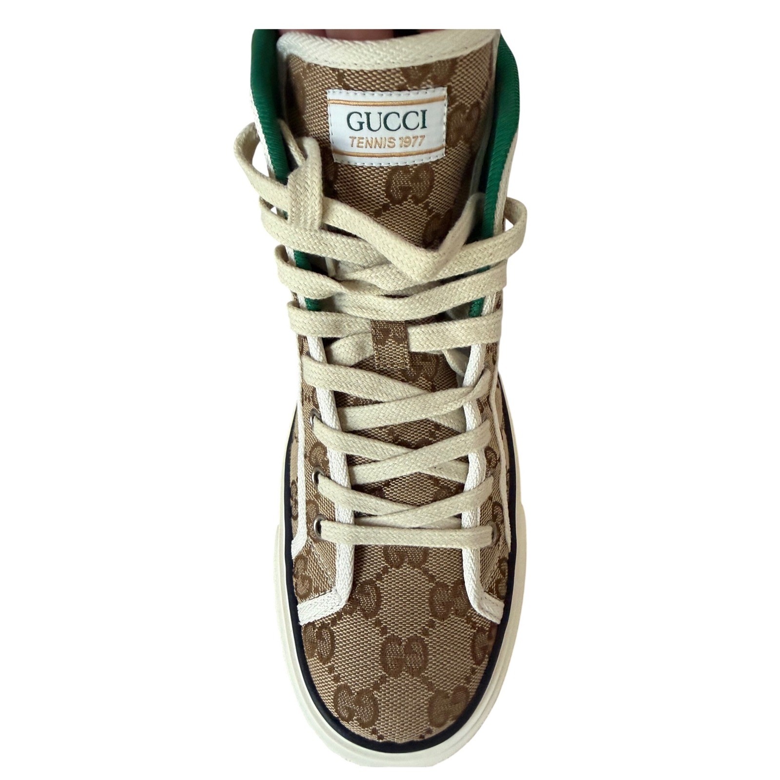 Gucci Tennis 1977 High Top Sneakers GG Supreme Canvas Beige Ebony Women 606110