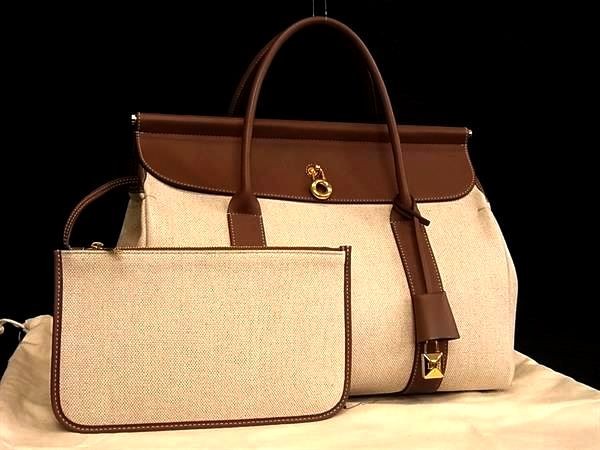 Loro Piana Loom L32 Canvas Leather Hand bag Beige with Pouch BQ2688