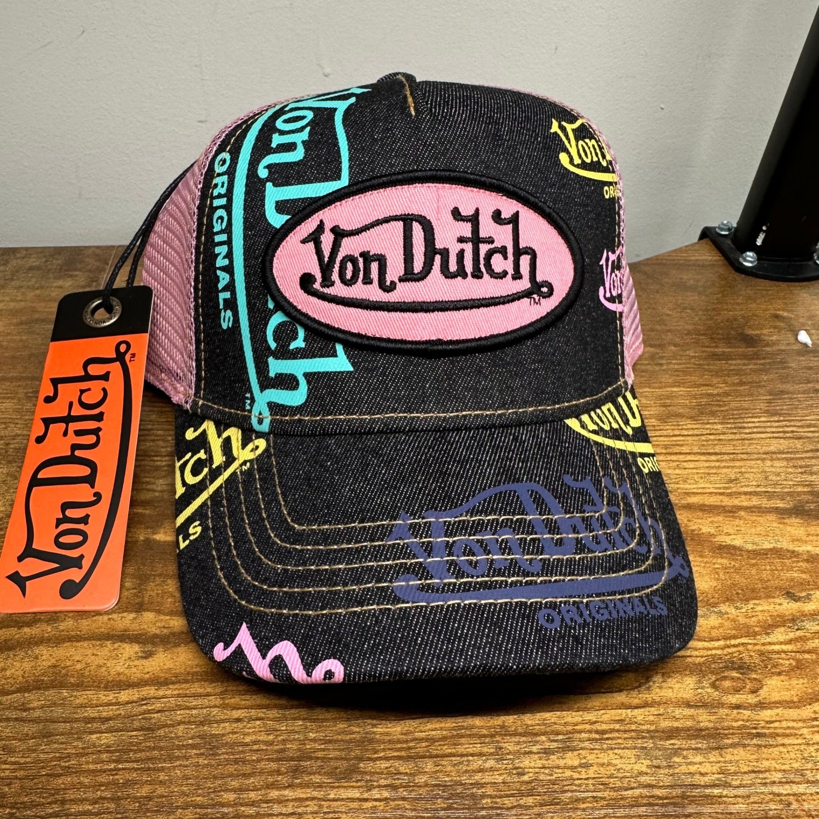 Von Dutch Originals Trucker Hat Black Denim Pink Mesh Logo Snapback VDHH0005