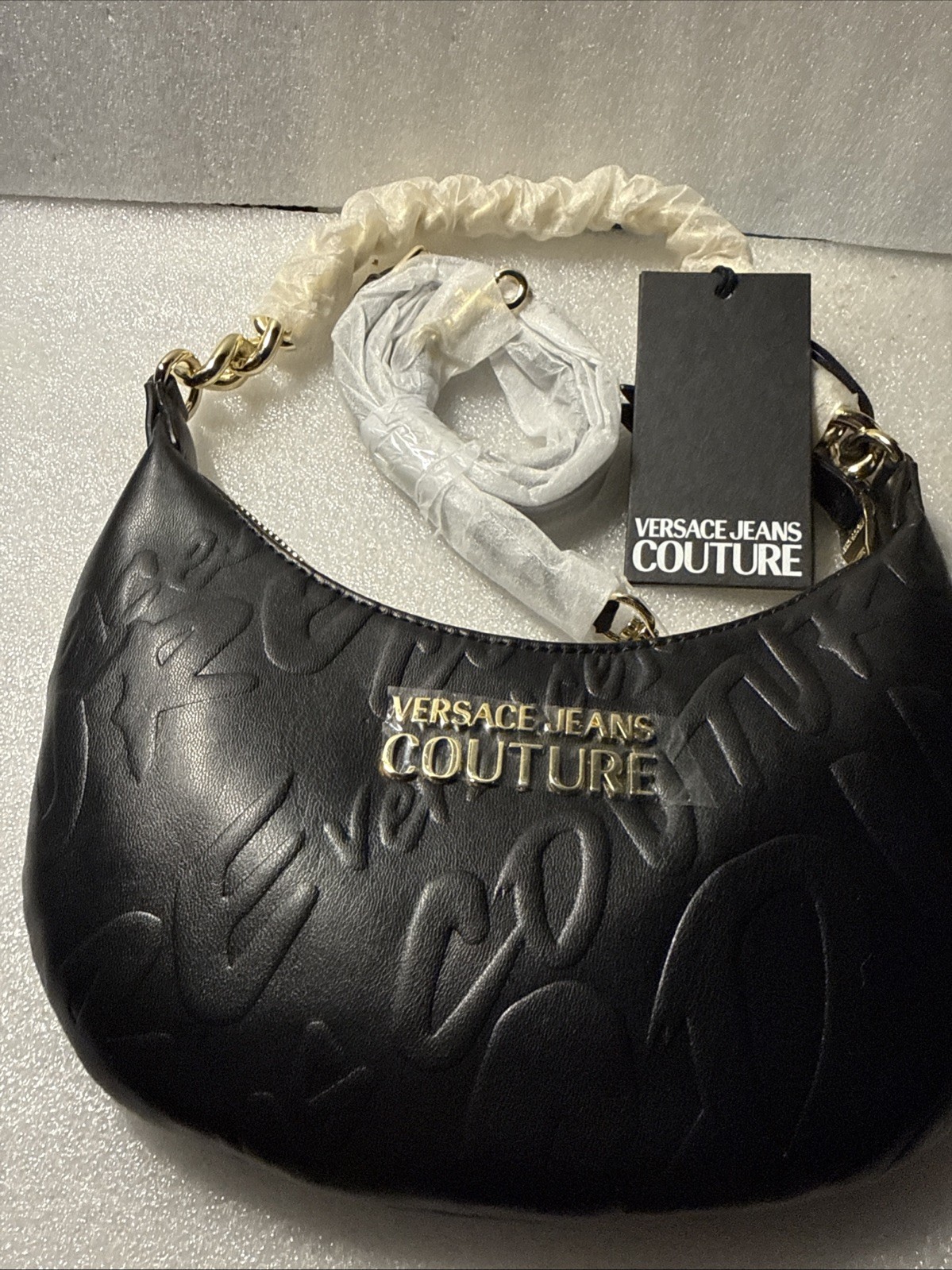 Versace Jeans Couture Shoulder Bag Black W9.1xH6.7″ Gold Chain Strap