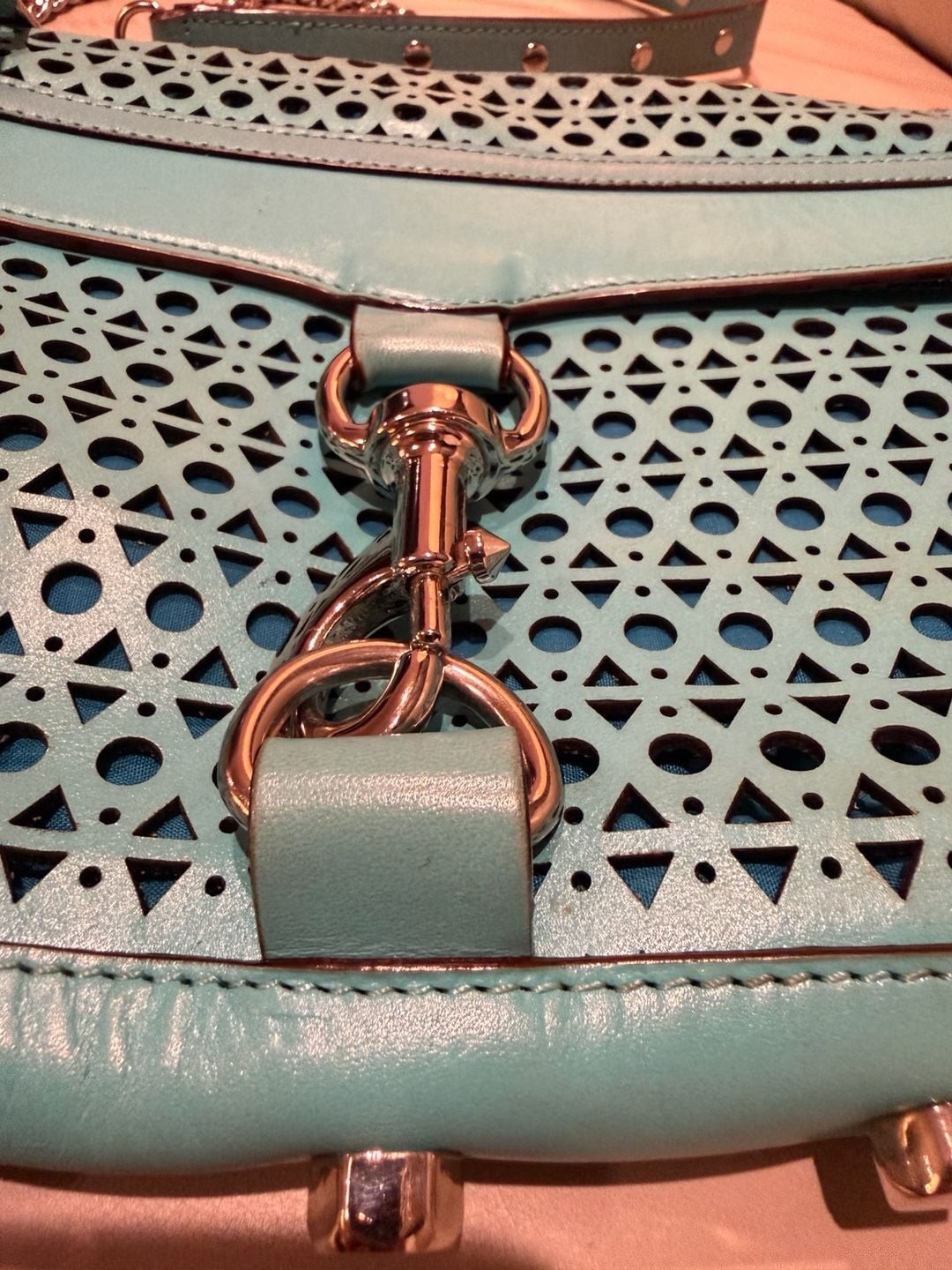 Rebecca Minkoff Perforated MAC Crossbody Bag Teal Blue Leather Chain Strap
