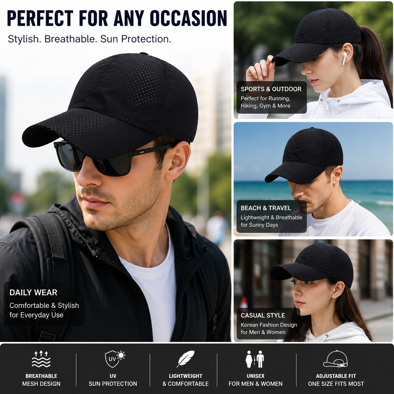 🧢 Breathable Mesh Baseball Cap UV Sun Protection Adjustable Sports Hat Unisex
