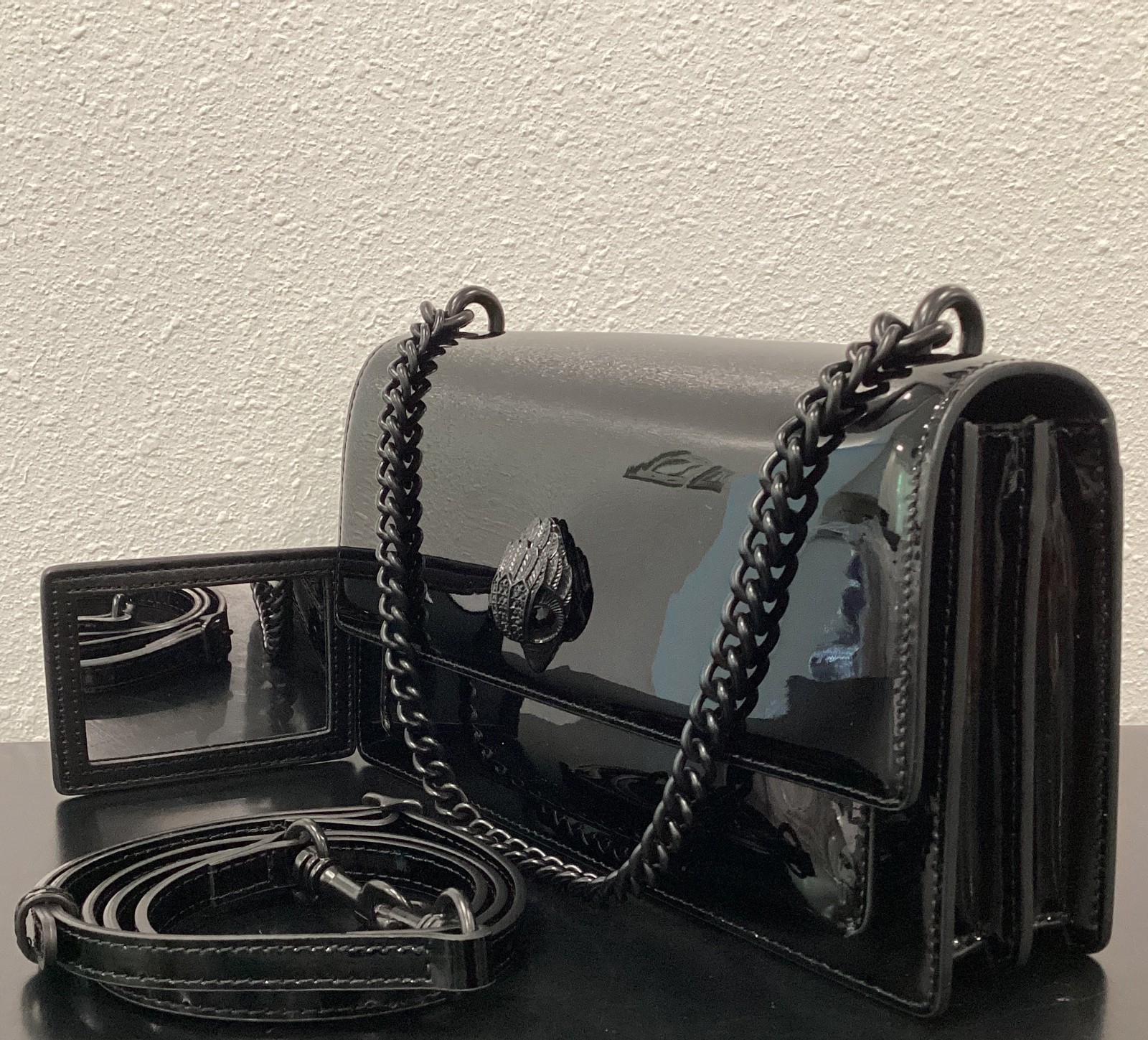 Kurt Geiger Shoreditch 10″x5″x2.75″ Black Patent Drench Leather Mirror Crossbody