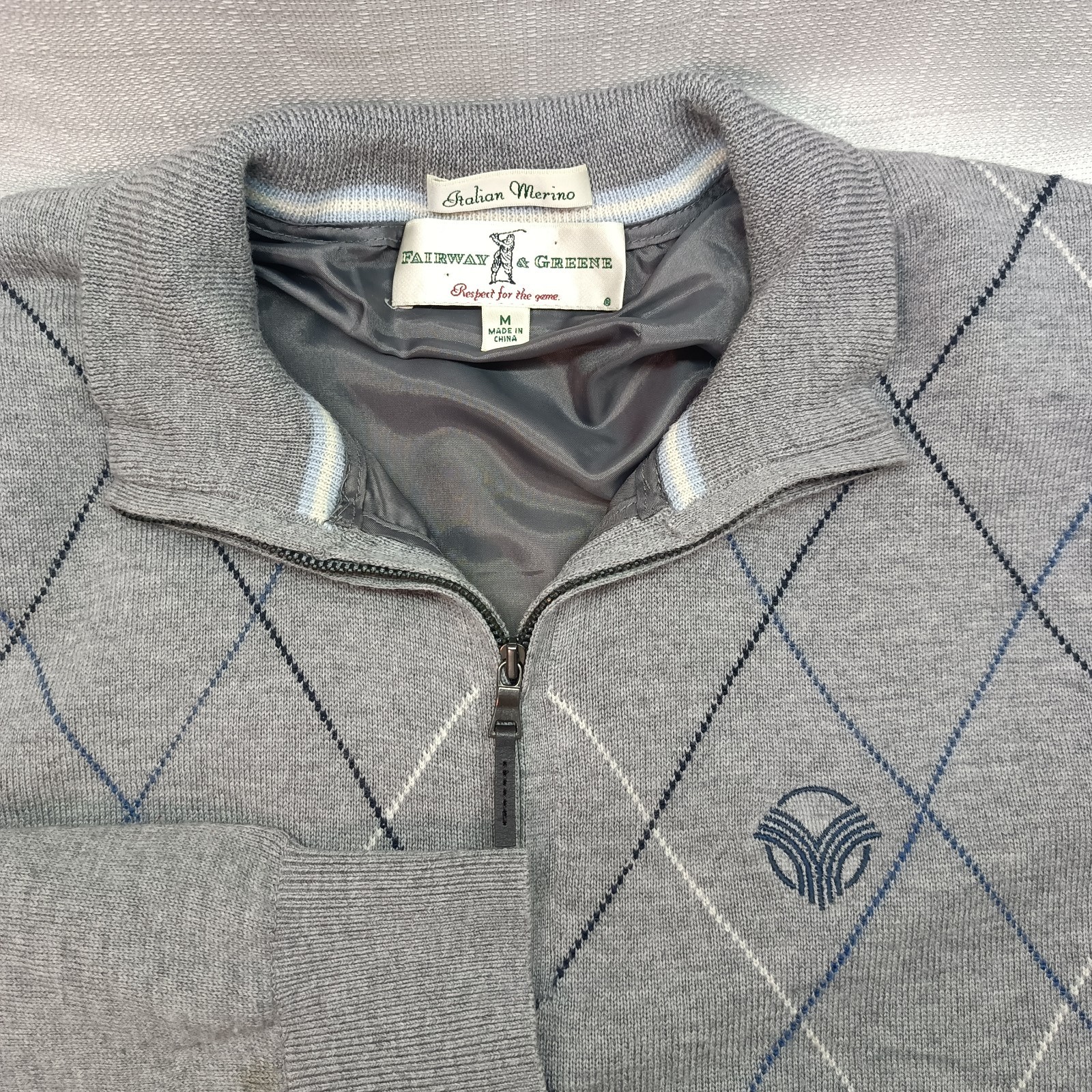 Fairway & Greene 1/4 Zip Gray Pullover Sweater Mens M Italian Merino Wool Argyle