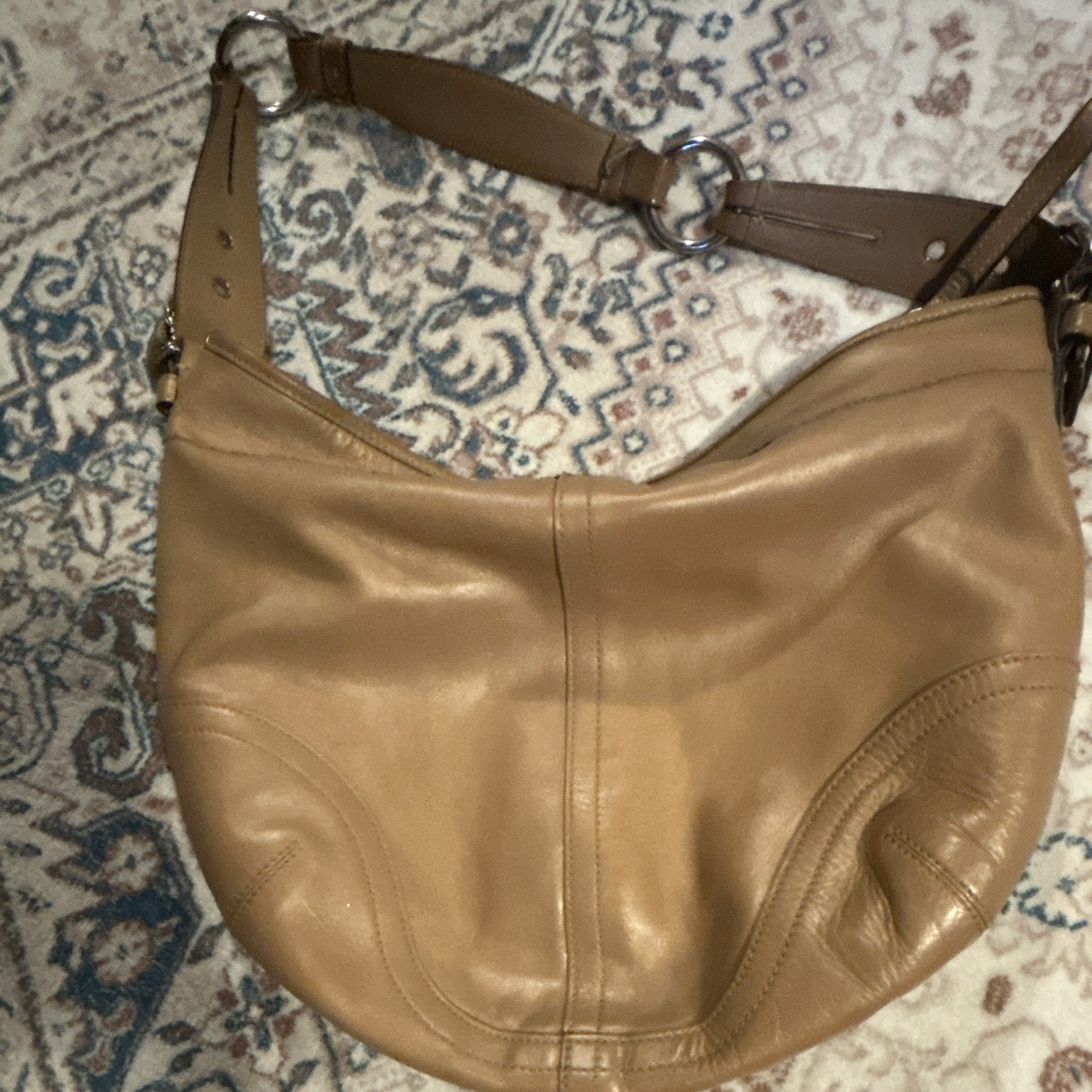 Coach Tan Crescent Hobo Shoulder Bag Zip Top Silver Hardware Hang Tag