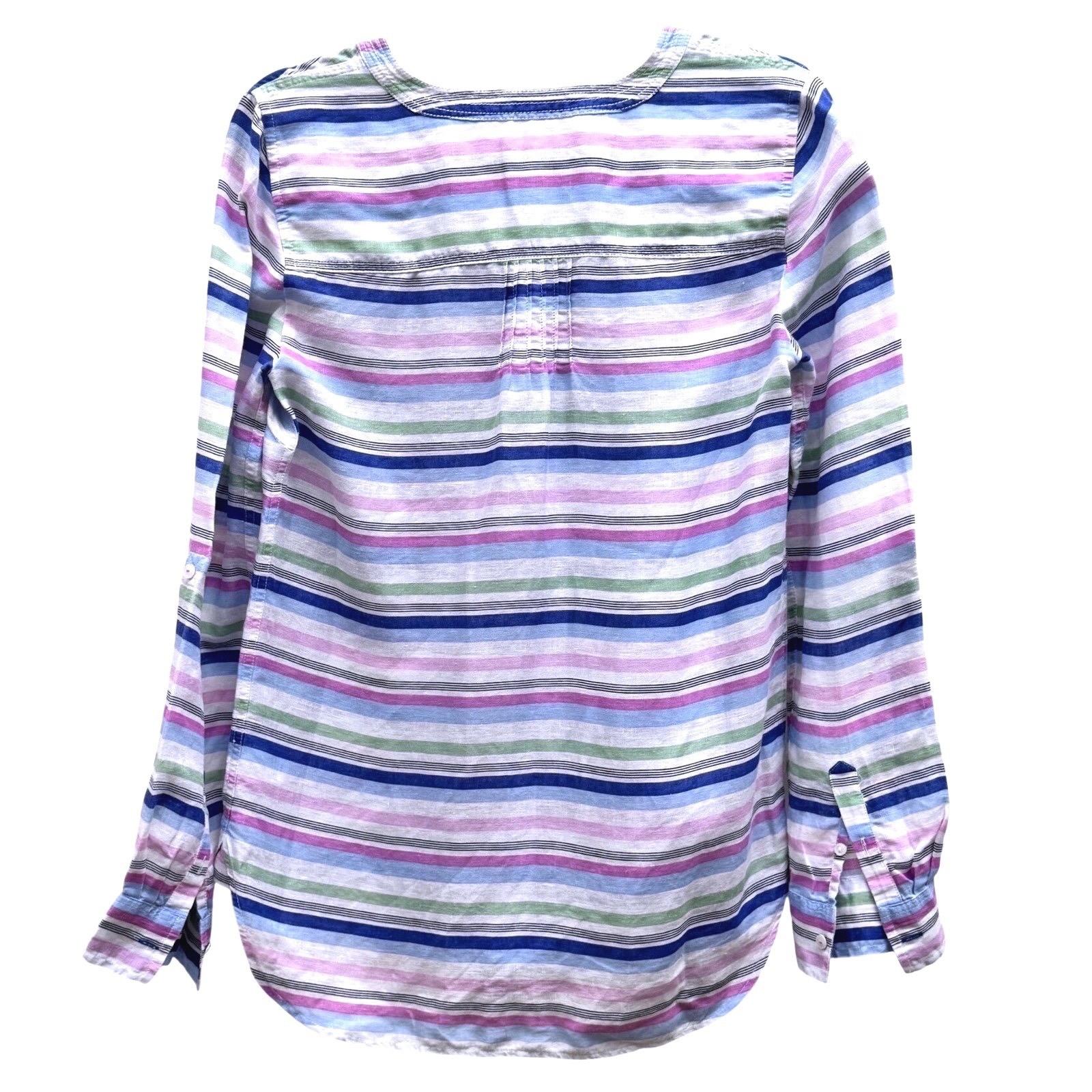 Talbots Linen Tunic Top Roll Tab Sleeve Multi Color Stripe Size XS Coastal