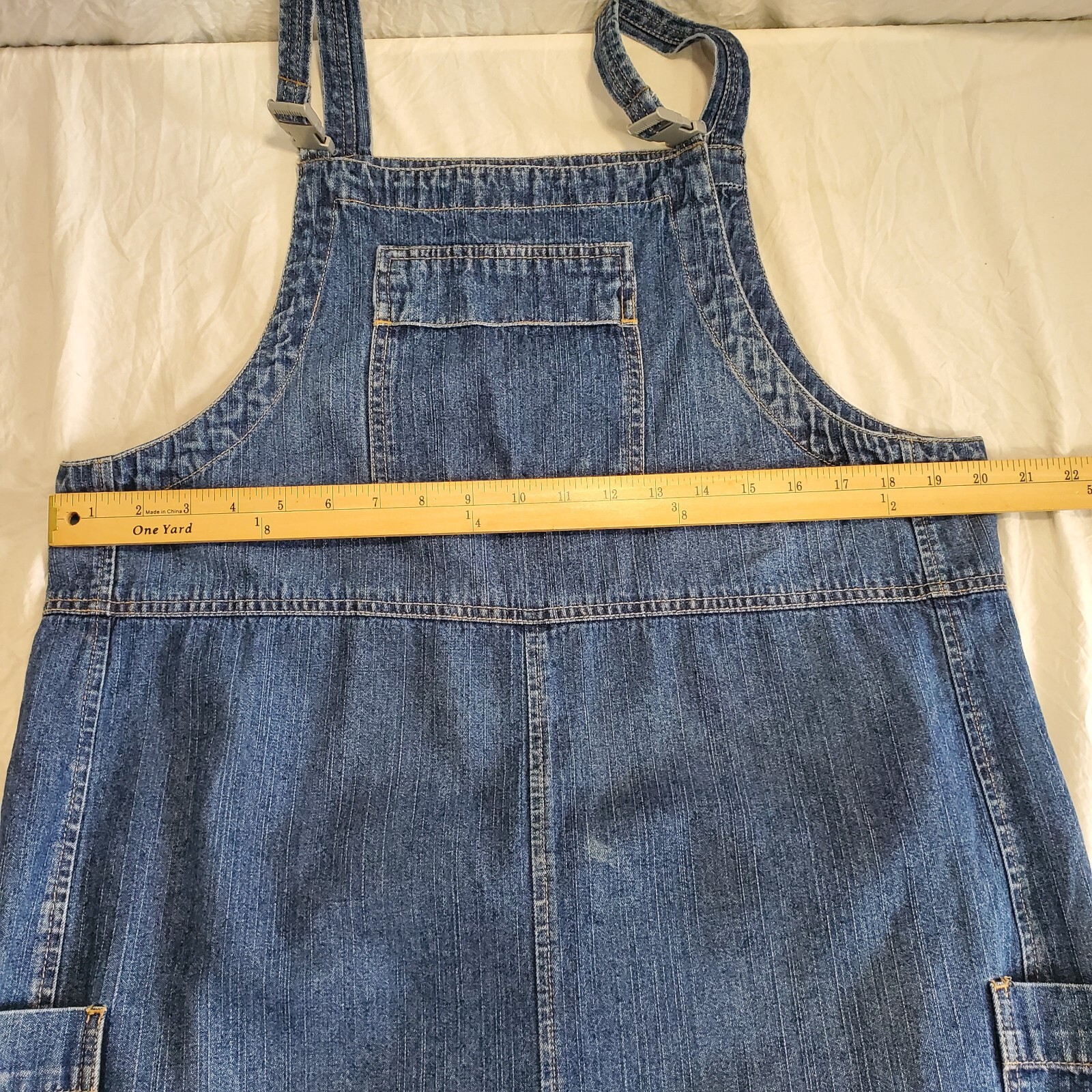 Vintage Overall Dress Sz Large Denim Blue Jean Faded Glory Modest 3 Pocket
