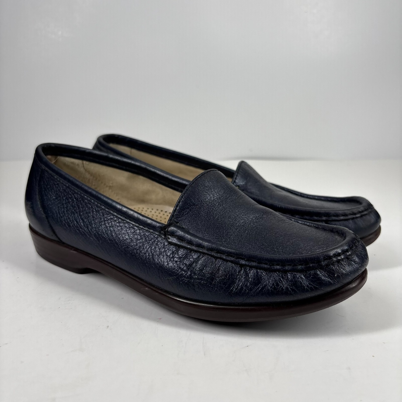 SAS Simplify Women’s US 7W Navy Leather Slip-On Comfort Walking Flats Loafers