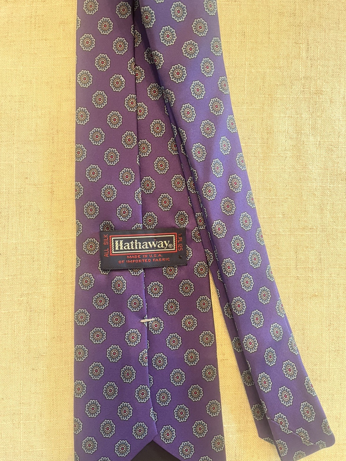 Hathaway 100% Silk Tie Made in USA Purple Geometric Medallion Necktie