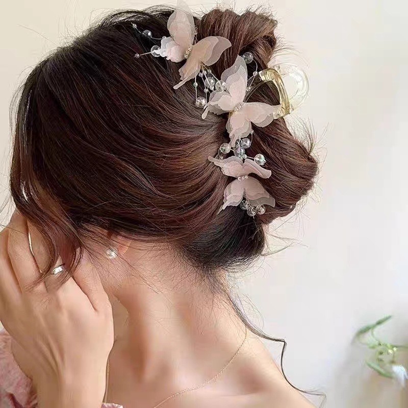 Elegant Chiffon Butterfly Bubble Beads Shark Hair Claw Clip for Women