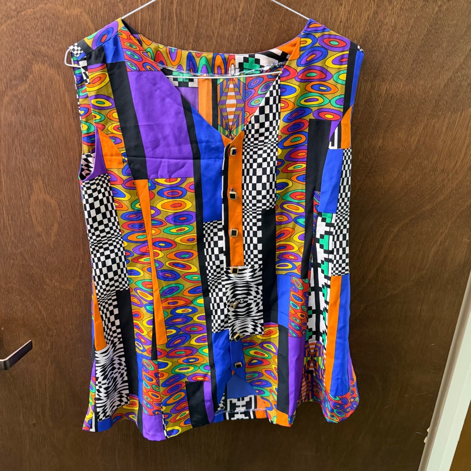 Vintage 70s Style Retro Colorful Patchwork Psychedelic Geometric Too Size M