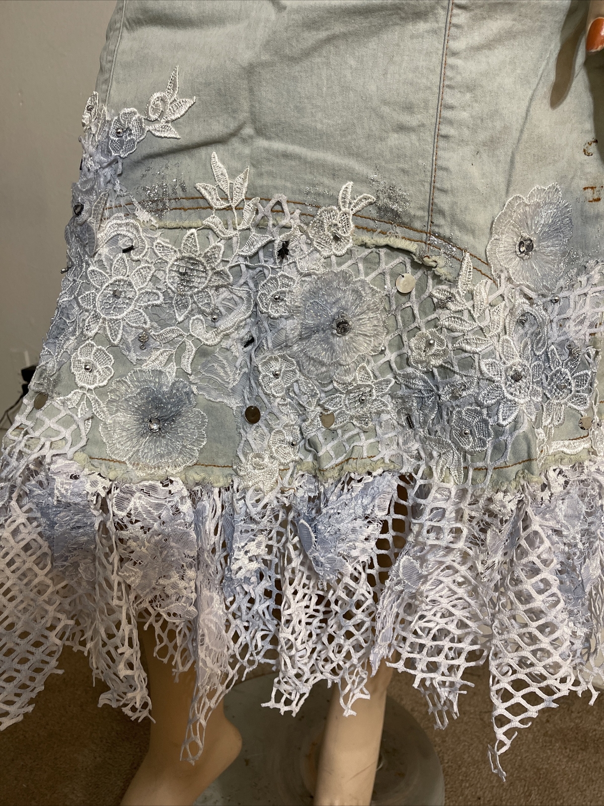 Light Blue Denim Cotton Embroidery Lace Bead Boho Size XL(10-12) Skirt SK 708