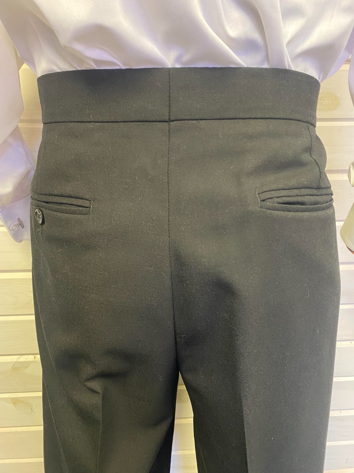 Black Pleated Satin Stripe Tuxedo Pant – 100% Wool!