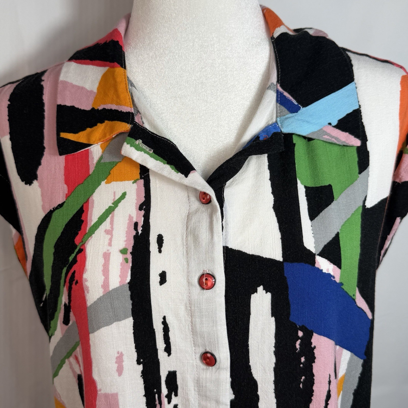 Pure Essence Abstract Geometric Button Art Blouse Top Medium Multicolor 80s