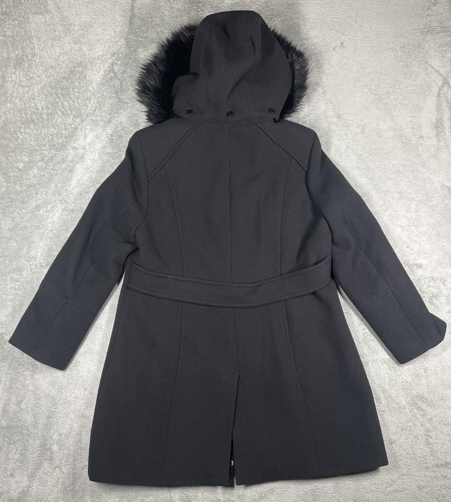 Calvin Klein Coat Womens XL Black Wool Blend Hooded Belted Faux Fur Parka