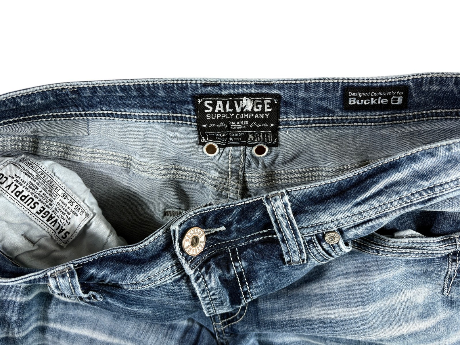 Buckle Salvage Anarchy Straight Regular Fit Jeans Mens 36 Blue Whiskering Denim