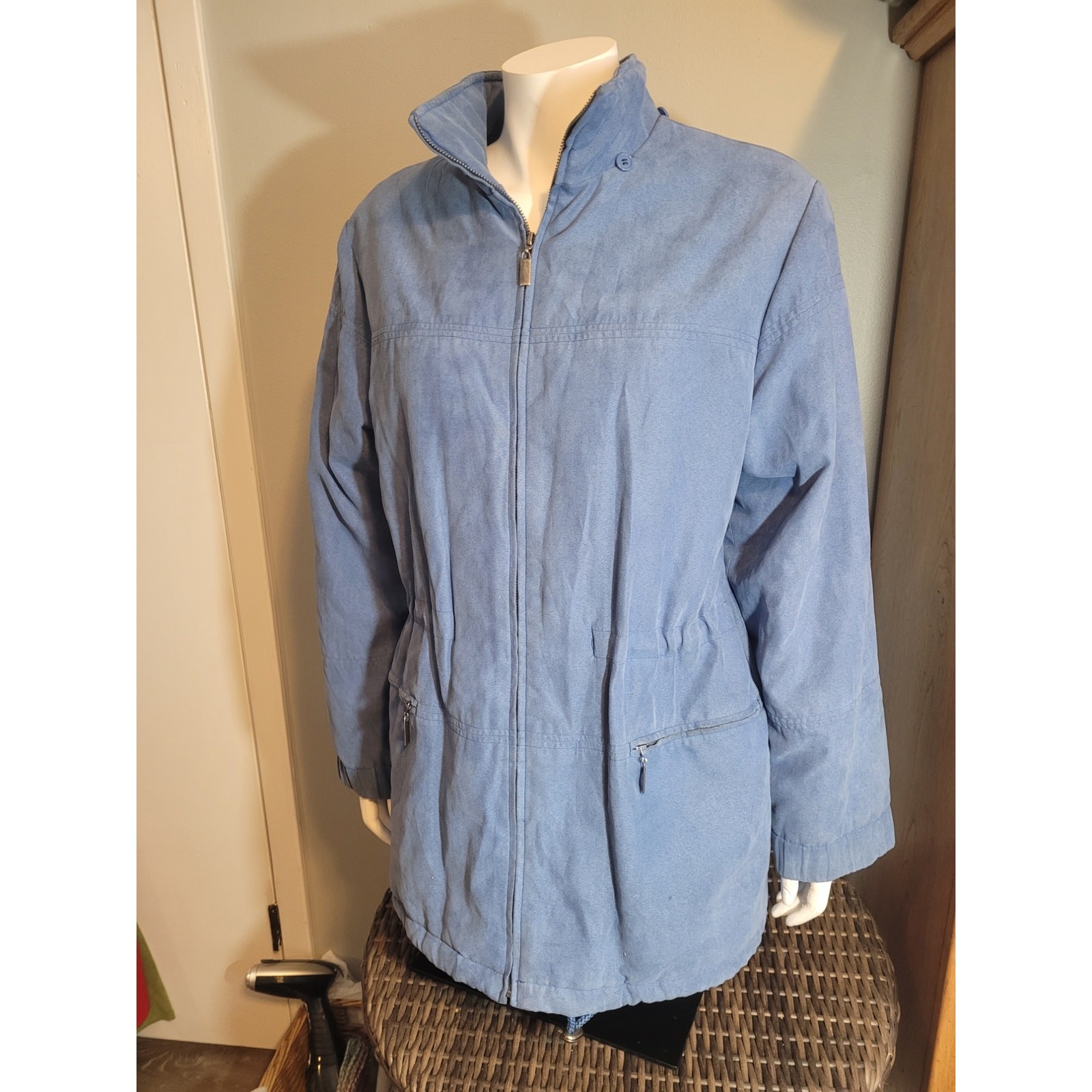 Blue Faux Suede Utility Jacket Thermolite Insulated Lightweight Winter Coat