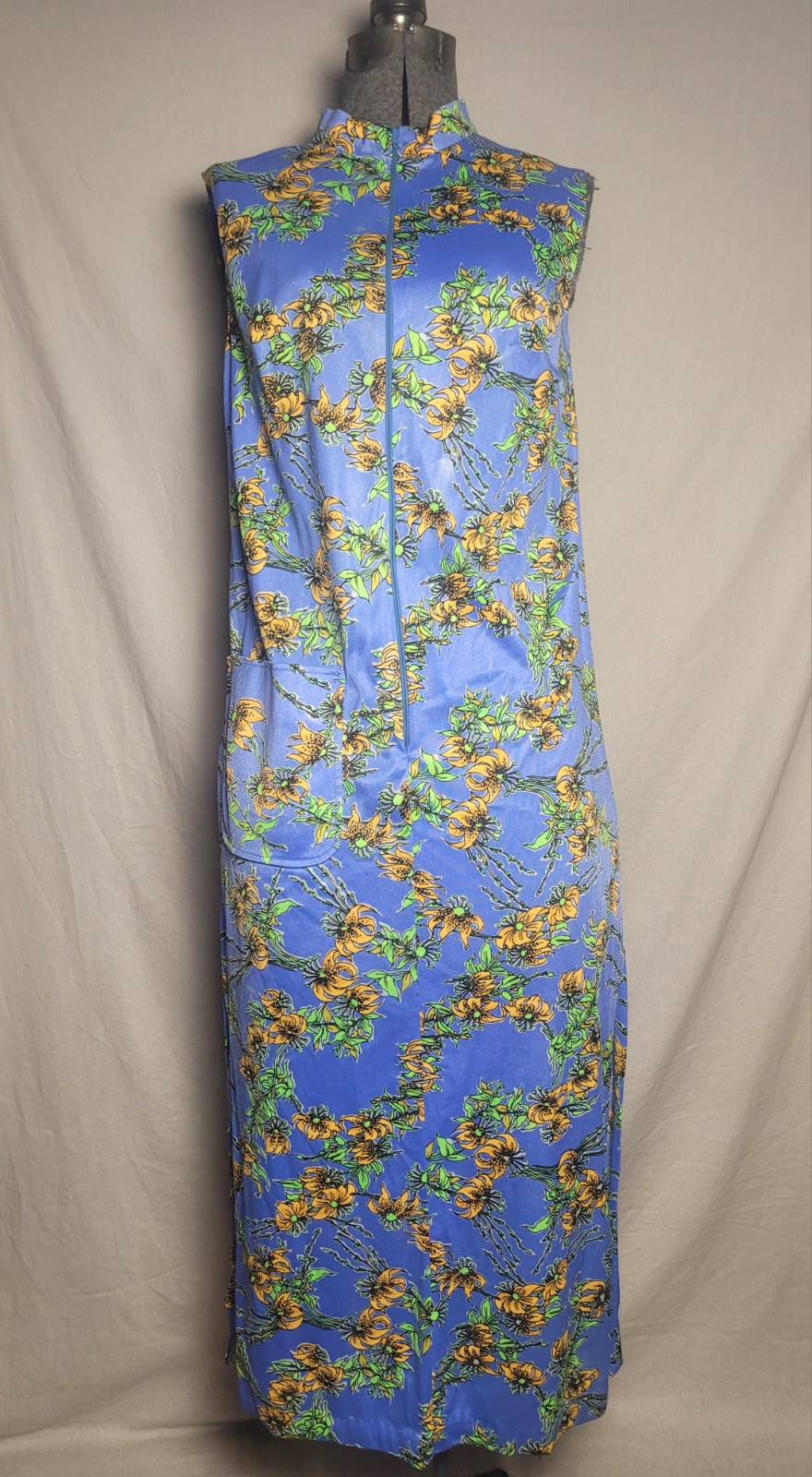 Vintage 60s 70s Blue Yellow Floral Maxi Leg Slits Sleeveless Size M Pocket Zip