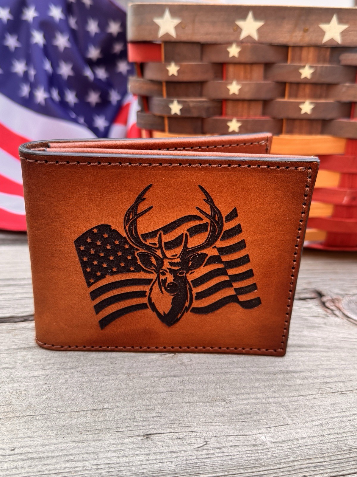 Deer Hunter/ Buck & American Flag Premium Engraved Leather Bifold Wallet