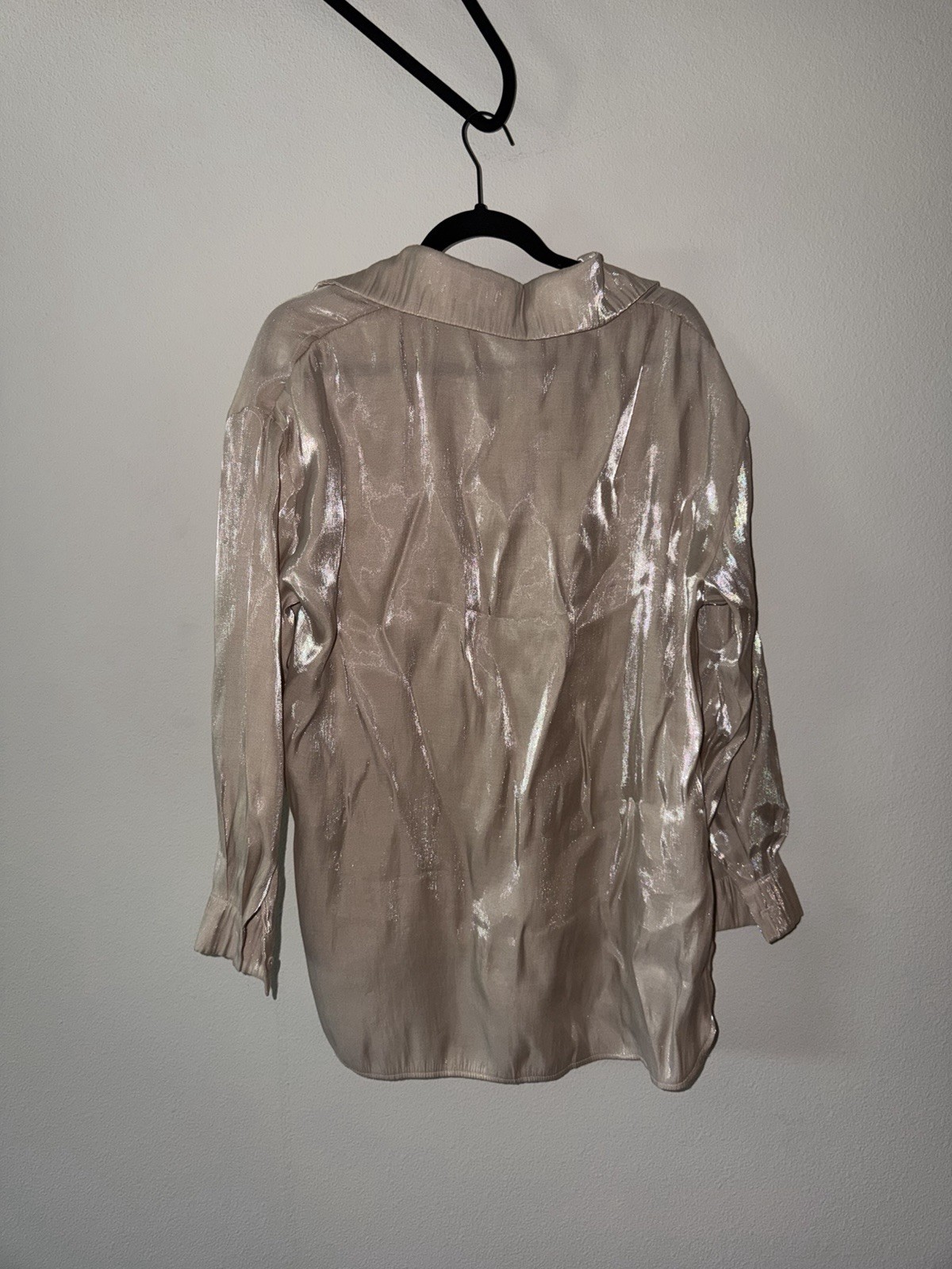 HM Women’s M Beige Solid Collared Long Sleeve Button-Front Blouse Top