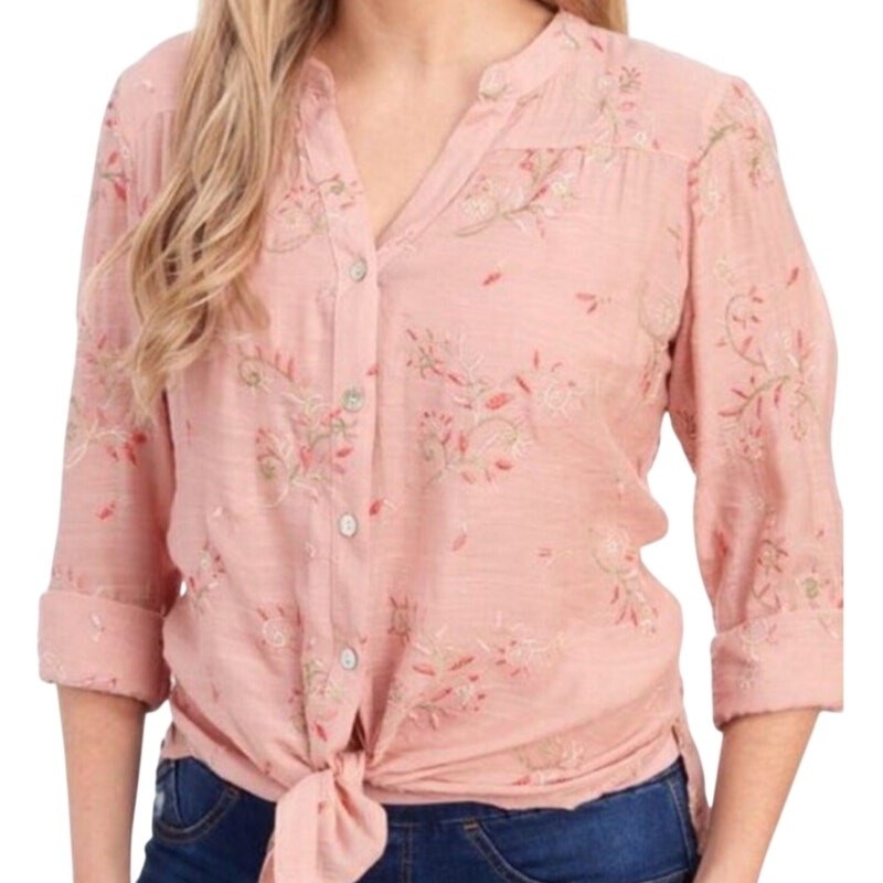 Fig And Flower Pink Floral Embroidered Blouse Shirt Boho Hippie Tunic L NEW