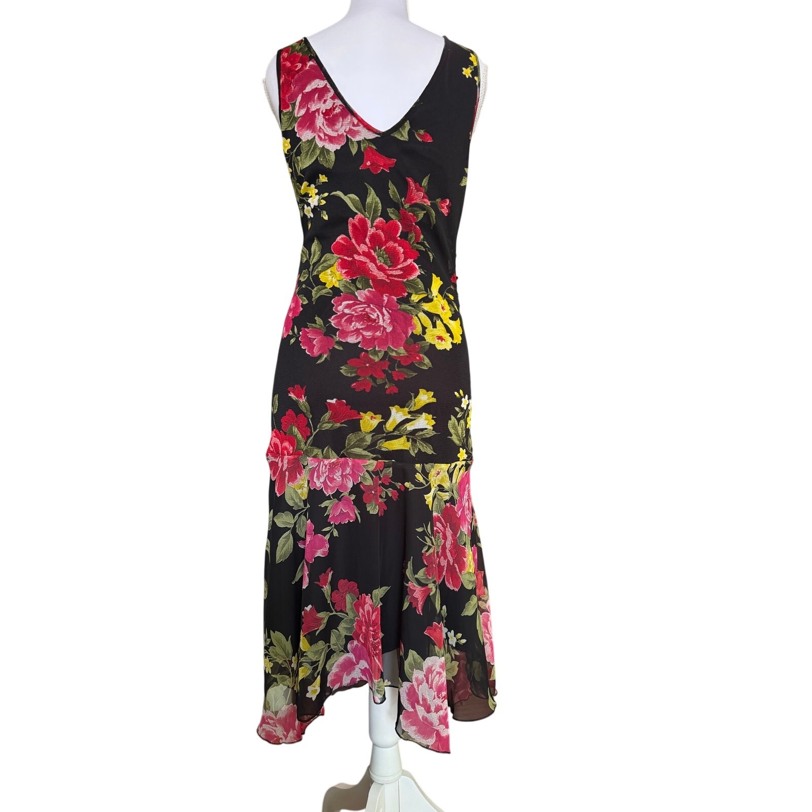 Morgan De Toi Floral Ruched Midi Dress Black Sheer Overlay Ruffle Size T2 S