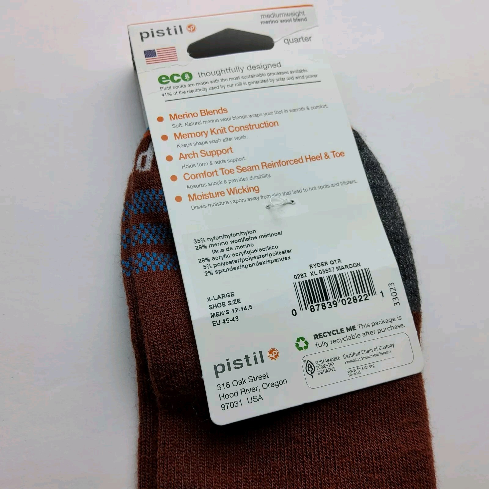Pistil Men’s Wool Blend Ryder Quarter Socks Made In USA Size XL (12-14.5)