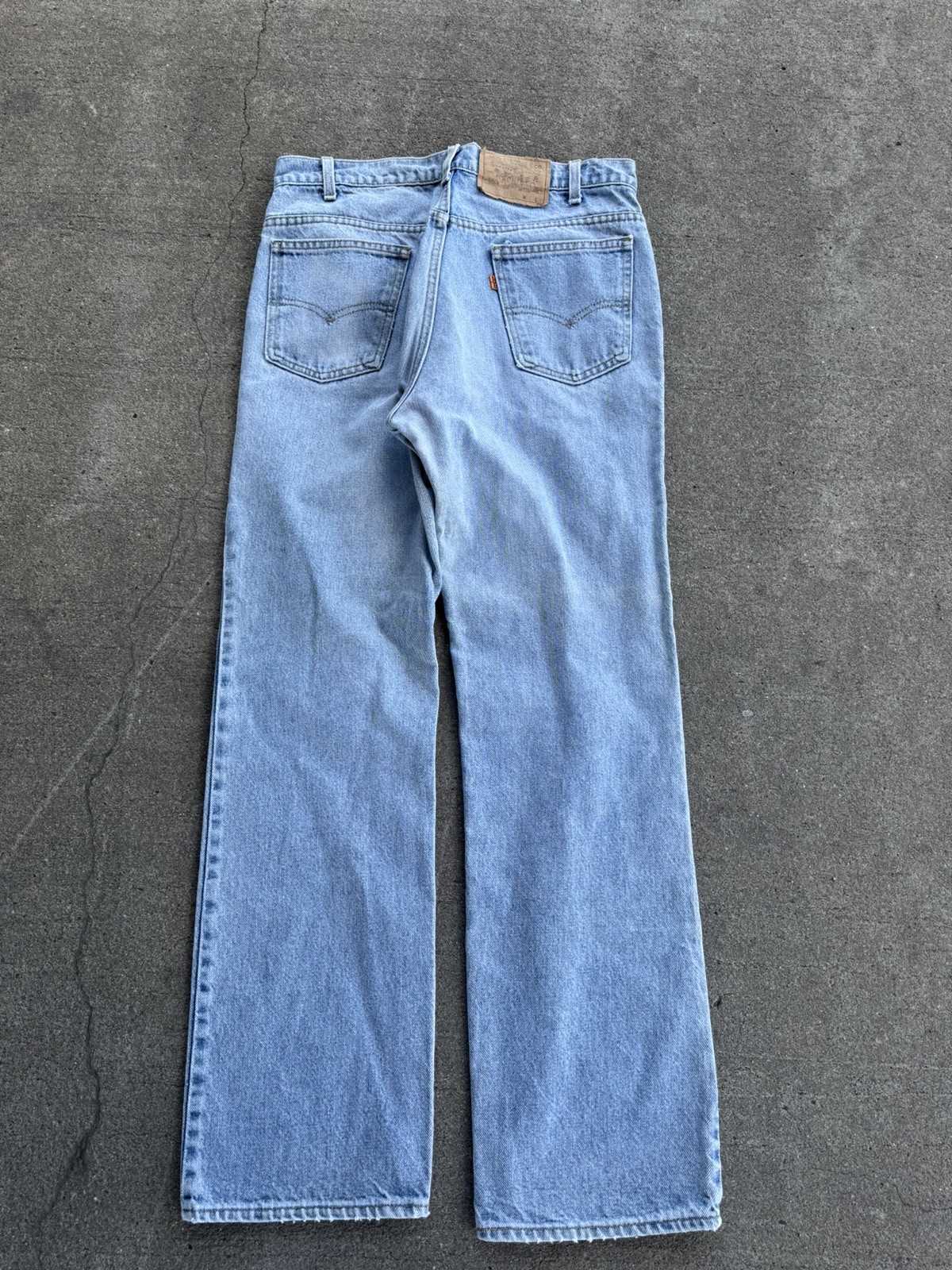 Vintage Faded 80s 90s Levi’s 517 Made in USA Orange Tab Bootcut Blue Jeans 34-32