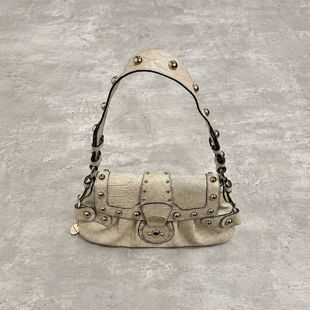 RARE Vintage Guess Purse Croc Embossed Studded Shoulder Bag White Y2K Women’s