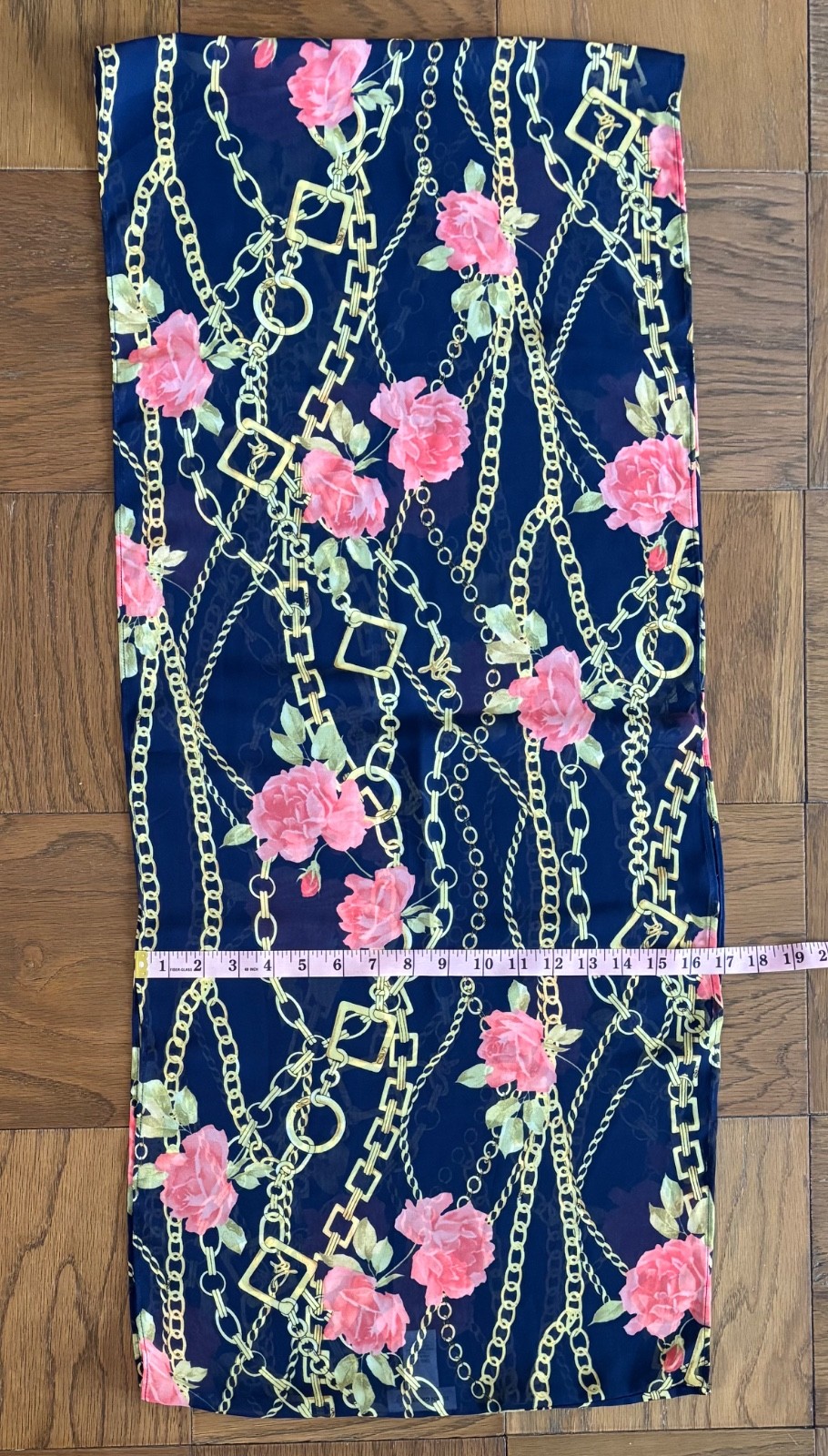 Susan Graver Infinity Scarf Navy Blue Background Pink Roses Chains 17×78 Inches