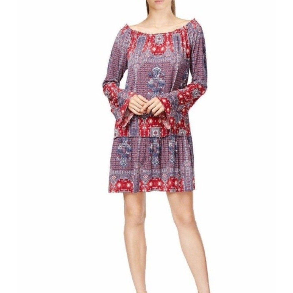 BCBGeneration Chili Pepper Dress Womens L Off Shoulder Bell Sleeve Shift Dress
