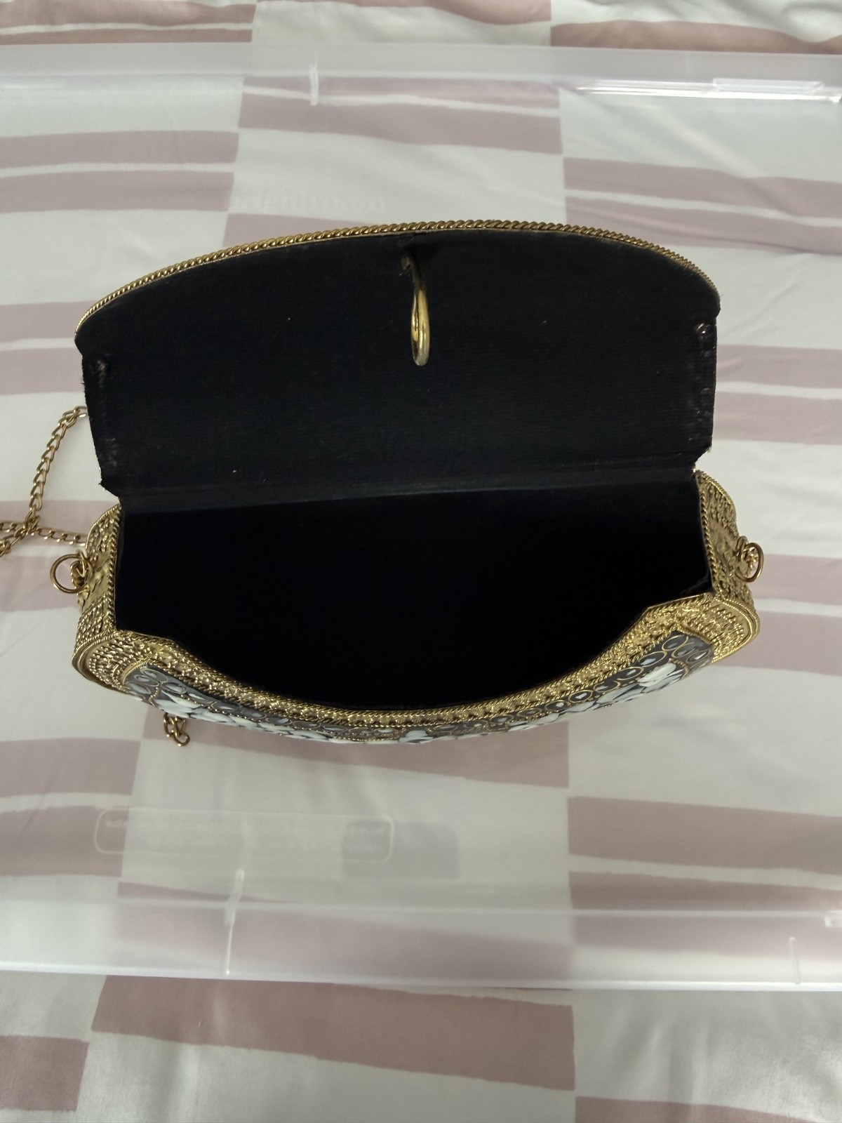 Vintage Mosaic Clutch Bag | Gold Black Pearl Shell Evening Purse Crossbody