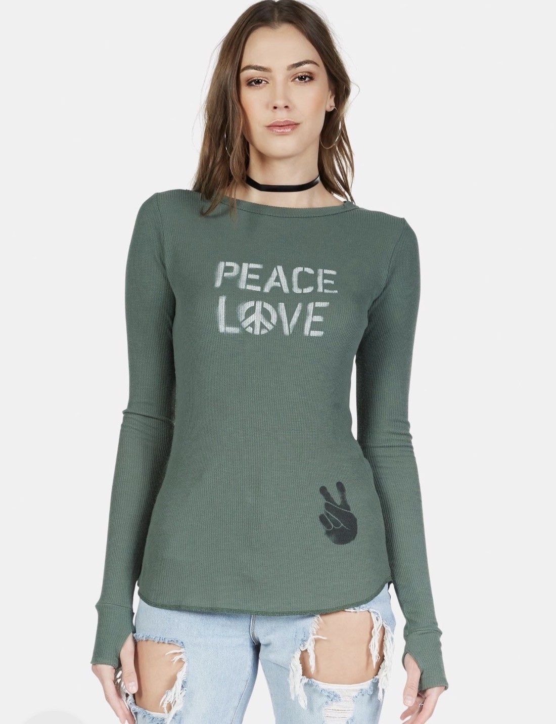 Lauren Moshi Olive Green MCKINLEY PEACE LOVE SPRAY Size L