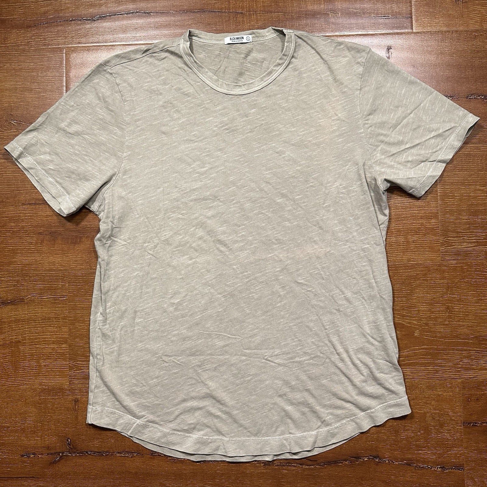 Buck Mason T Shirt Mens L Gray Short Sleeve Curved Hem Made In USA Cotton Retro