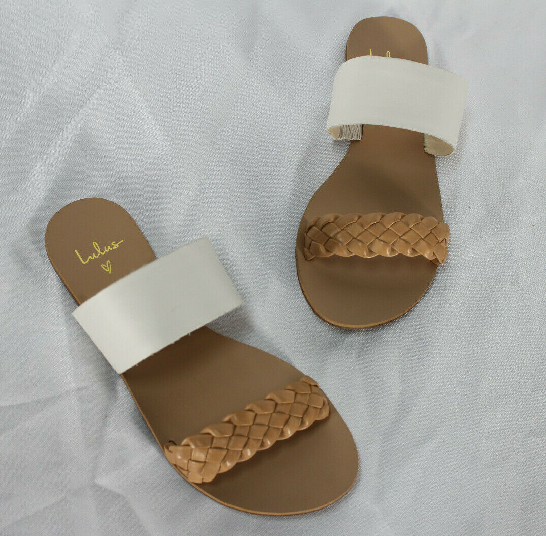 Lulus Leather Slide Sandals – White & Tan Nappa – Caylee 85298 Lulu’s Brazil