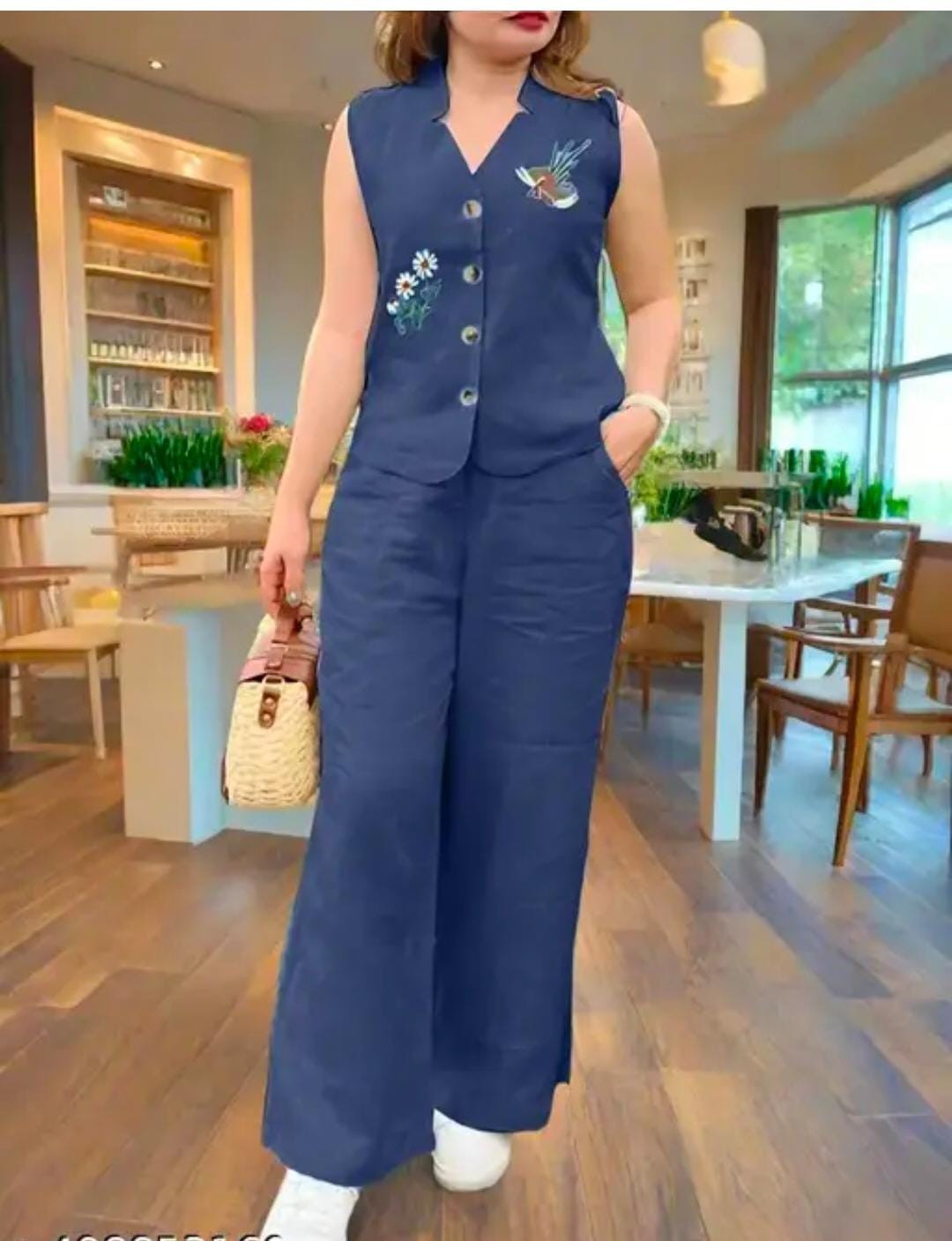 Women Cotton Co-Ord Set Sleeveless Shirt Collar Top & Pants Set Etnic Wear