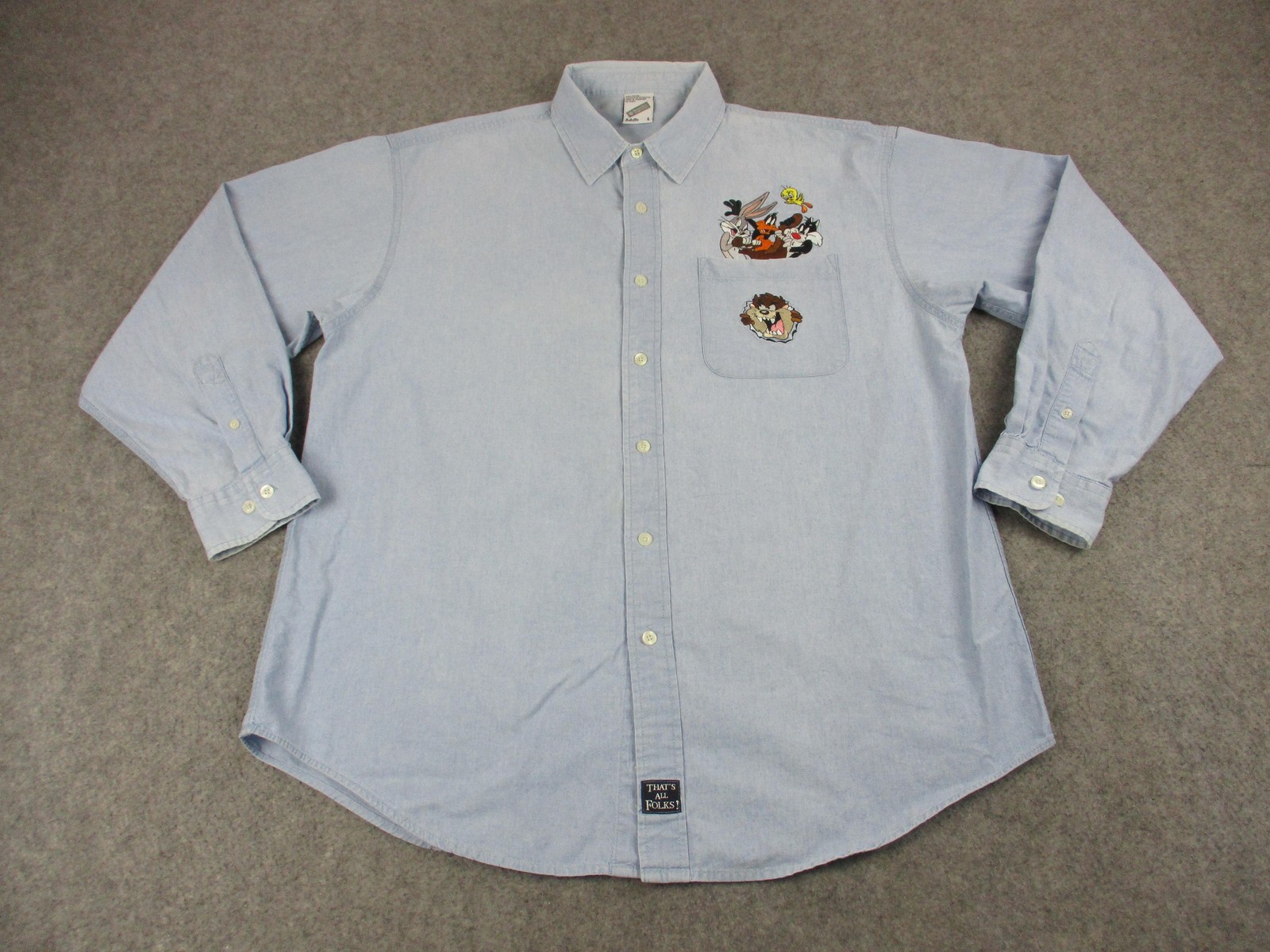 Looney Tunes Shirt Mens Large Blue Bugs Bunny Taz Embroidery Denim Button Front