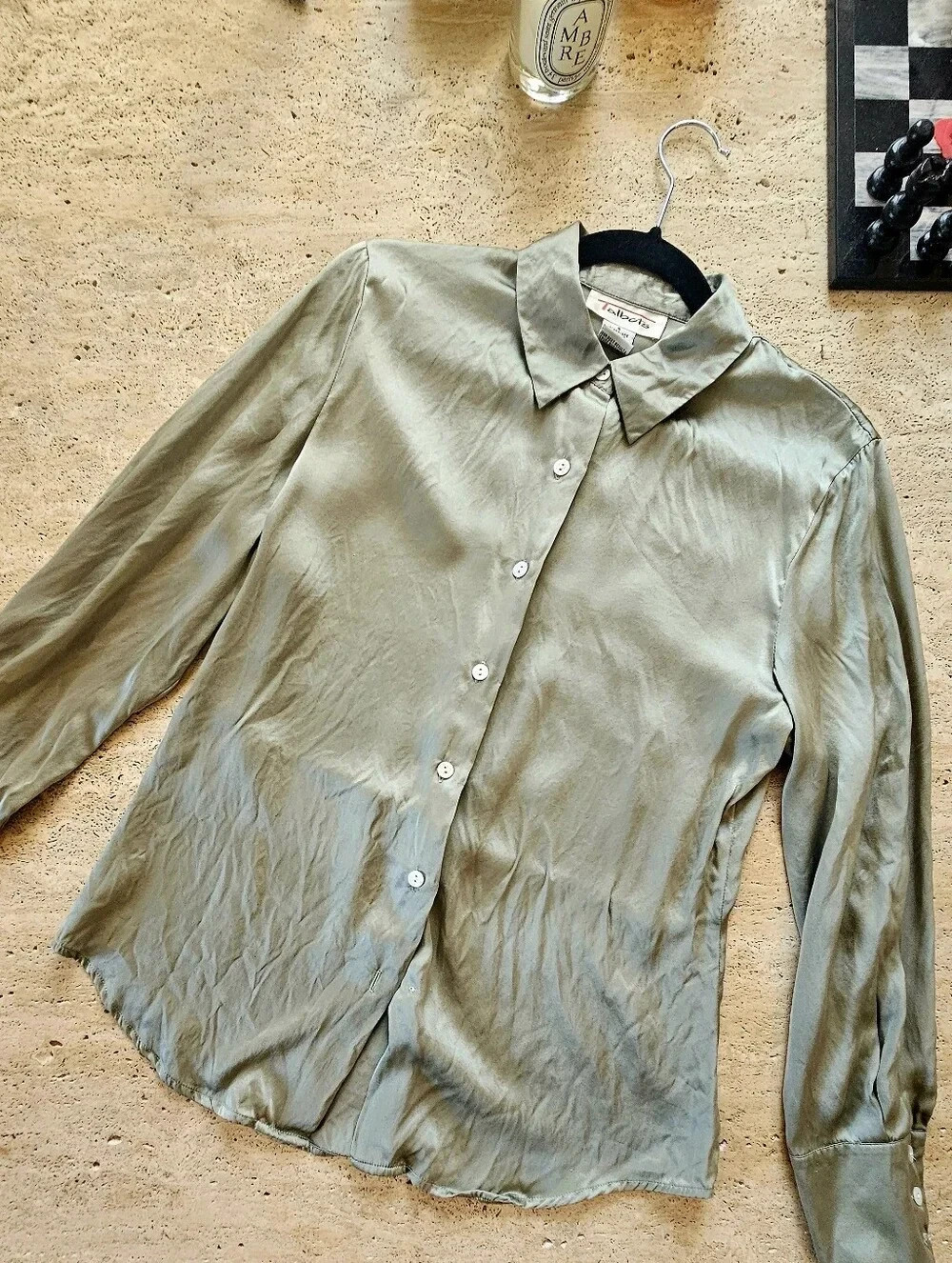 Talbots 100% Silk Blouse Button Down Shirt, Light Sage Green, Size 6