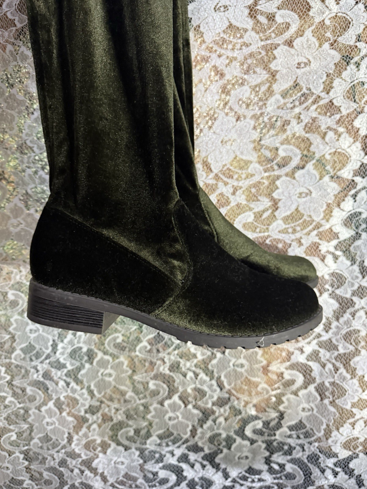 Over the Knee Velvet Boots – Olive sz 7 elastic at thigh flat heel Excellent Con