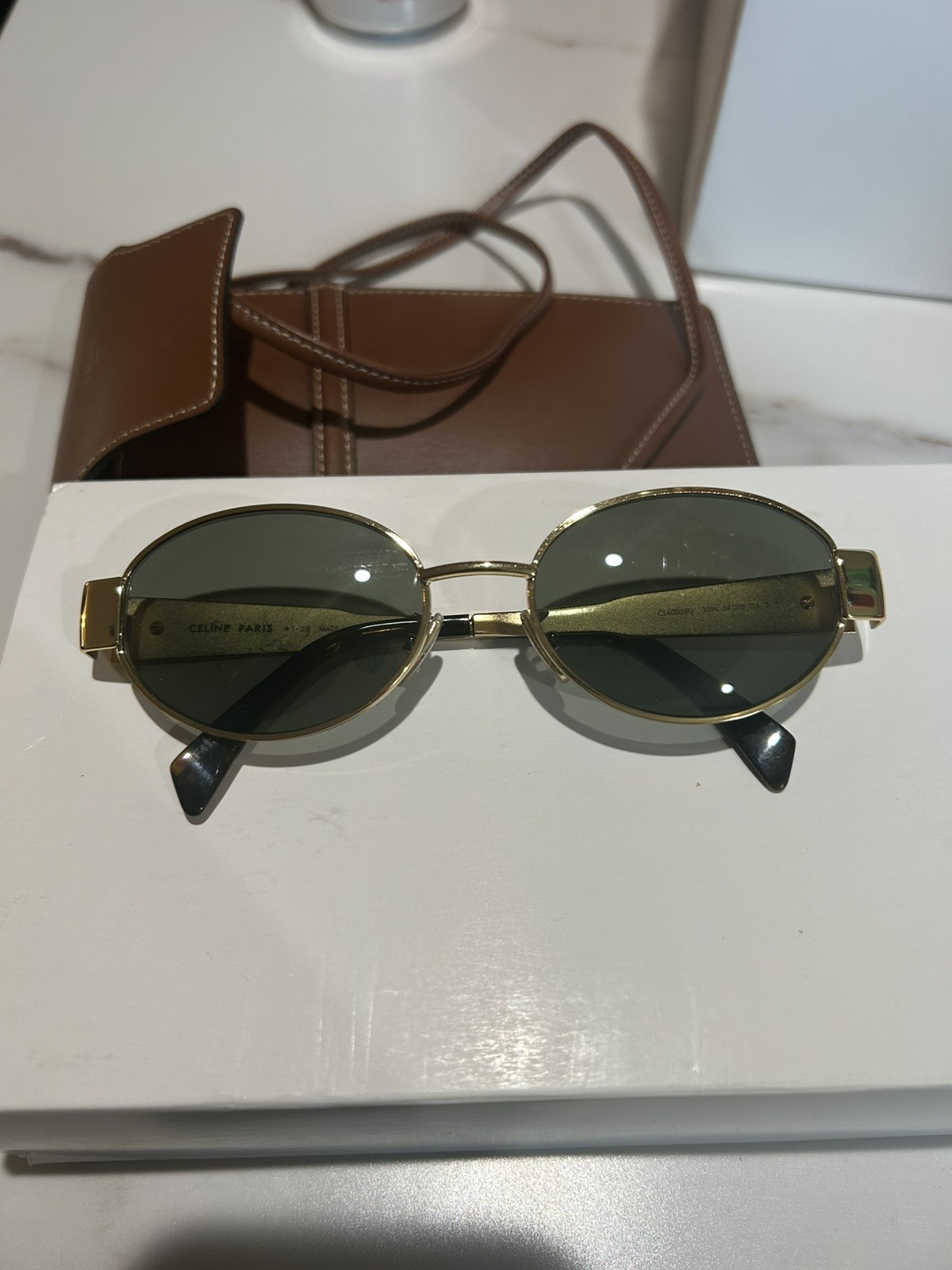 Celine Triomphe Metal CL40235U 30N Gold / Green Lenses Oval Sunglasses 100% UV