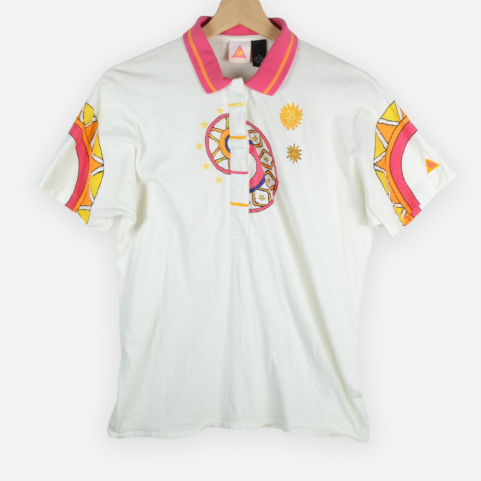 Vintage Le Coq Sportif White Pink Sun Graphic Embroidered Polo Shirt Women’s M