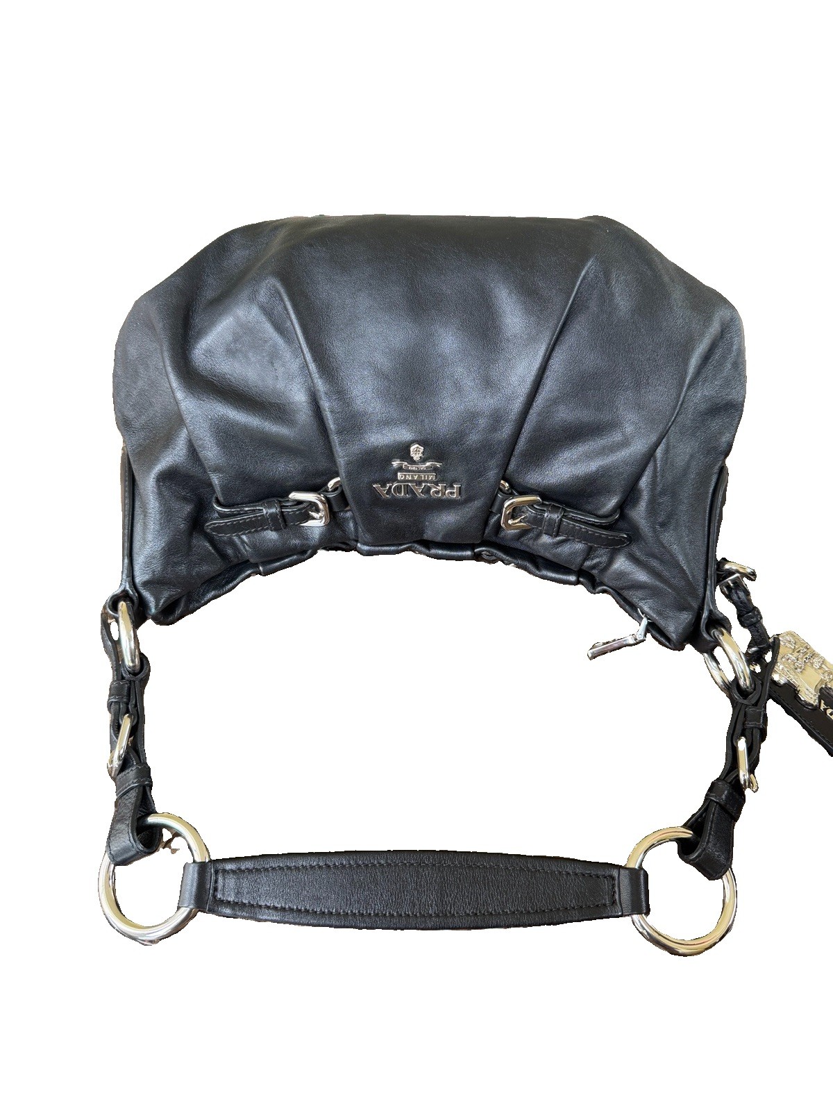 PRADA Black Crescent Shoulder Hobo Bag Zip Silver Hardware Logo Strap Pockets